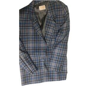 PENDLETON 100% Virgin Wool Blue Plaid Single Button Jacket USA WOMANS SZ 16 Coat
